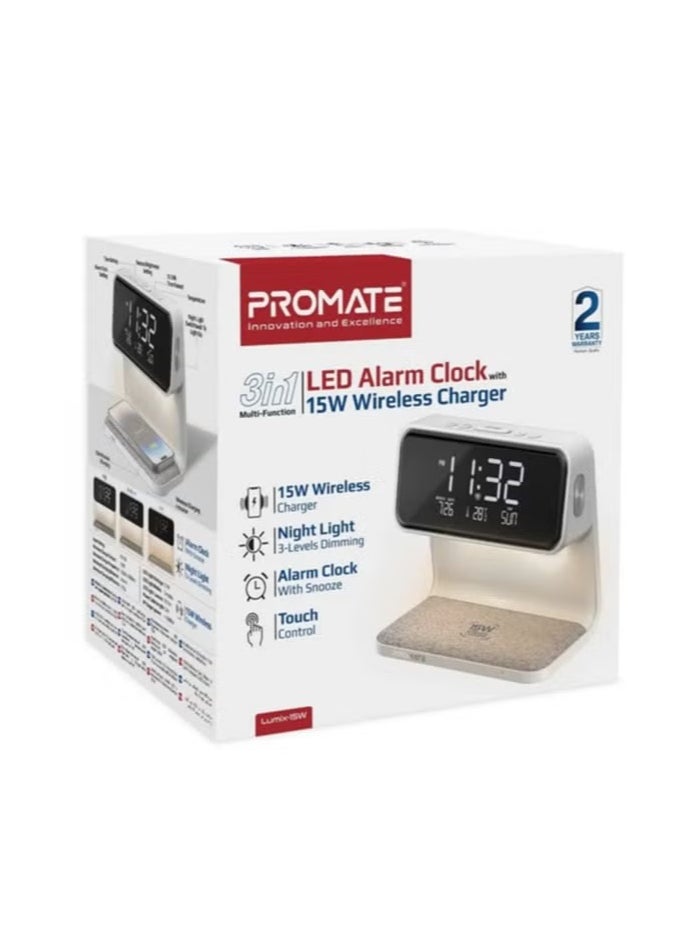 iPhone 15 Digital Alarm Clock, 3-In-1 LED Bedside Alarm Clock With 15W Wireless Charging Pad, Dual Alarms, Snooze Function, LED Display Screen And 3 Mode Night Light For iPhone 14, Galaxy S23 WHITE