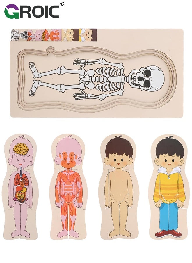 GROIC My Body Parts Puzzle for Toddlers, Kids Girls Boys Wooden Anatomy Puzzle 3-5 Years Old Preschool Learning Game Human Body Cognitive Toys, Montessori Skeleton Toy (Boys) - Image 1