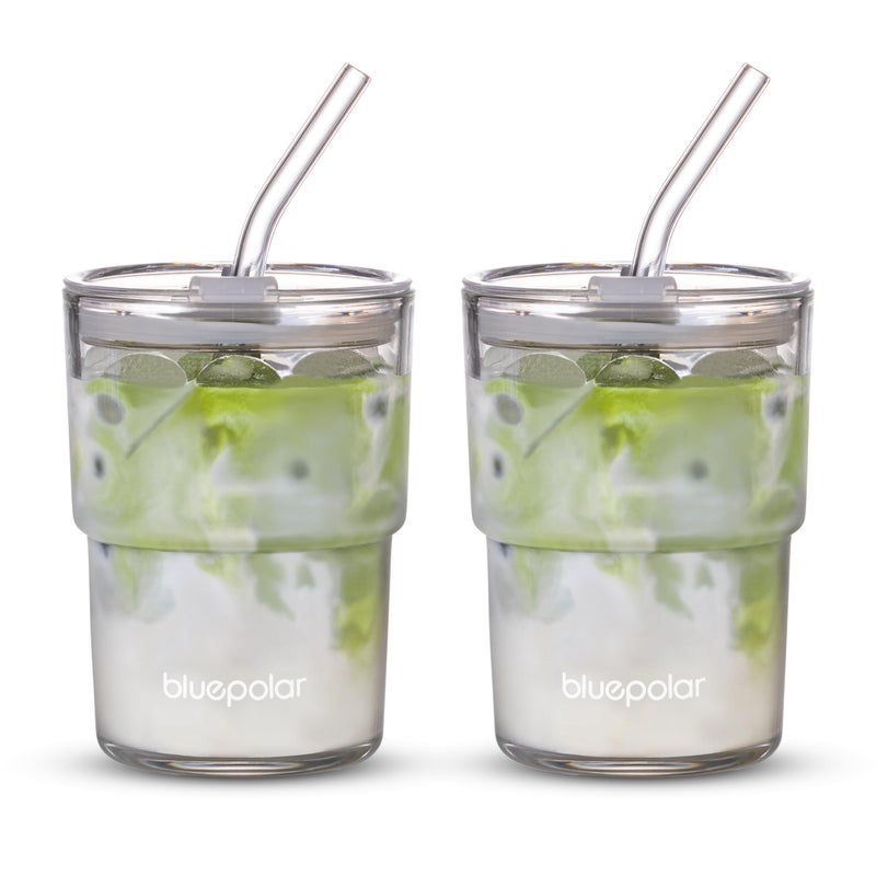 BLUEPOLAR 13oz400ml Glass Water Tumbler with Straw and Lid Sealed Carry On Thick Wall Iced Coffee Cup Glass Cup for Water Iced Tea Fruit Juice Etc White2Pack