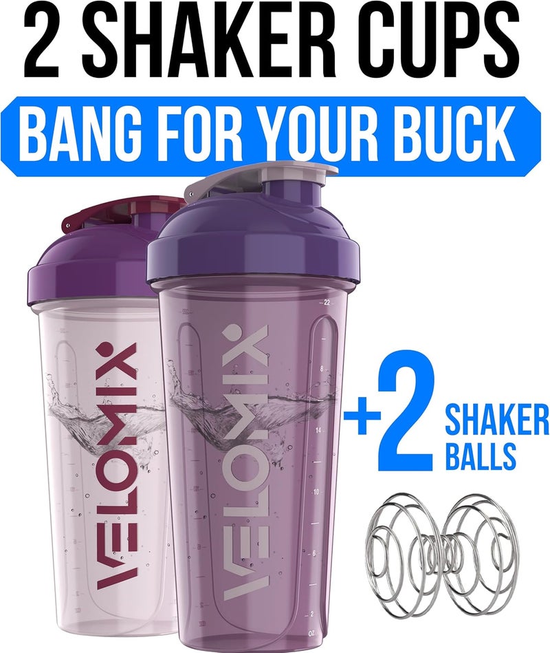 VELOMIX -2 Pack- 28 oz Protein Shaker Bottles for Protein Mixes - 2x Wire Whisk | Leak Proof Shaker Cups for Protein Shakes | Protein Shaker Bottle Pack (Purple Mix) - Image 2