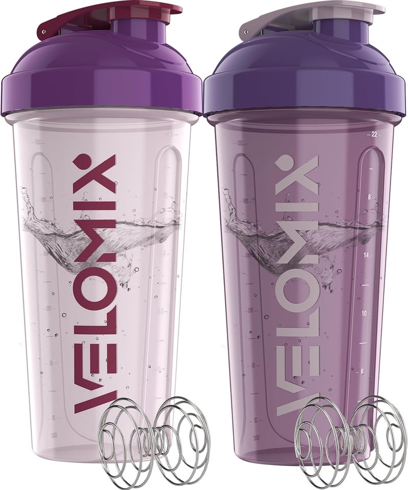 VELOMIX -2 Pack- 28 oz Protein Shaker Bottles for Protein Mixes - 2x Wire Whisk | Leak Proof Shaker Cups for Protein Shakes | Protein Shaker Bottle Pack (Purple Mix) - Image 1
