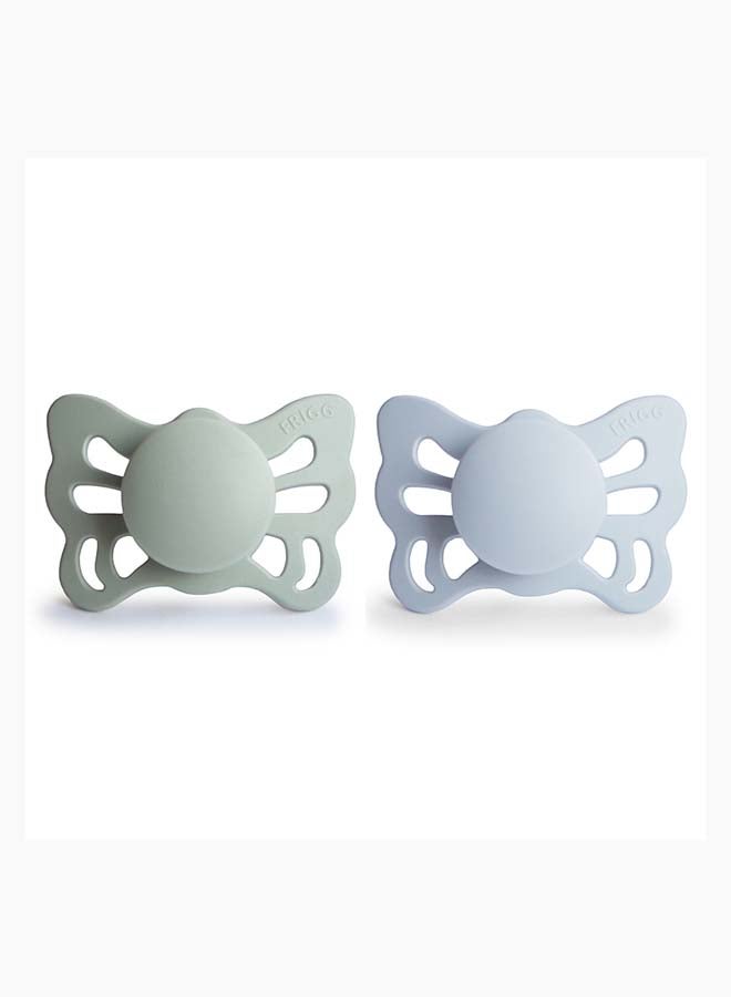 FRIGG Butterfly Anatomical Silicone Baby Pacifier 0-6M 2-Pack Sage/Powder Blue - Size 1