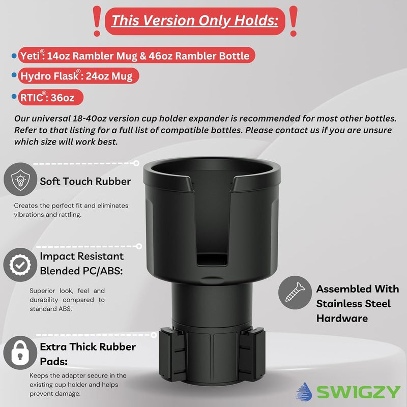 Swigzy Extra Wide Car Cup Holder Expander - Made for Yeti 14oz & 46oz Rambler, Hydro Flask 24oz Mug, RTIC 36oz Bottles - Adapter Insert Extender Expandable and Adjustable - Image 2