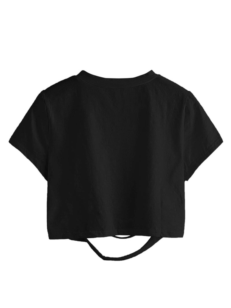 SweatyRocks Women's Short Sleeve Cutout Tee Shirt Distressed Crop Top Pure Black M - Image 2