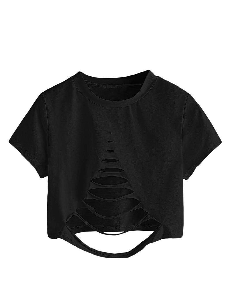 SweatyRocks Women's Short Sleeve Cutout Tee Shirt Distressed Crop Top Pure Black M - Image 4