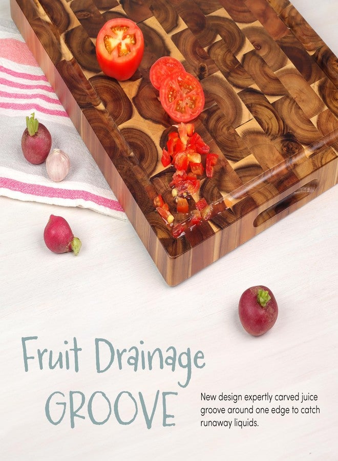 FANICHI Acacia End Grain Cutting Board (17x13x1.5in), Butcher Block - Reversible Multipurpose Chopping Board with Juice Groove, Cracker Holder & Inner Handles - Image 4