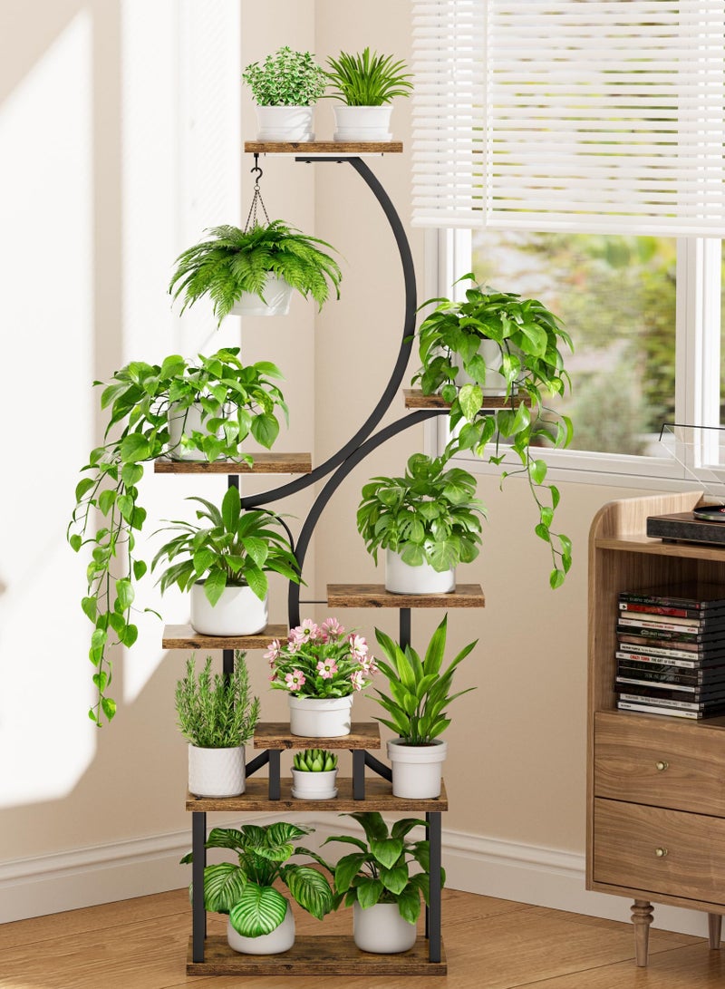 Indoor Plant Stand with Grow Light, 157 CM Tall Plant Stand, Corner Plant Shelf, Tiered Plant Shelf, S-Shaped for Bedroom Living Room (Brown, ZWJ002) - Image 1
