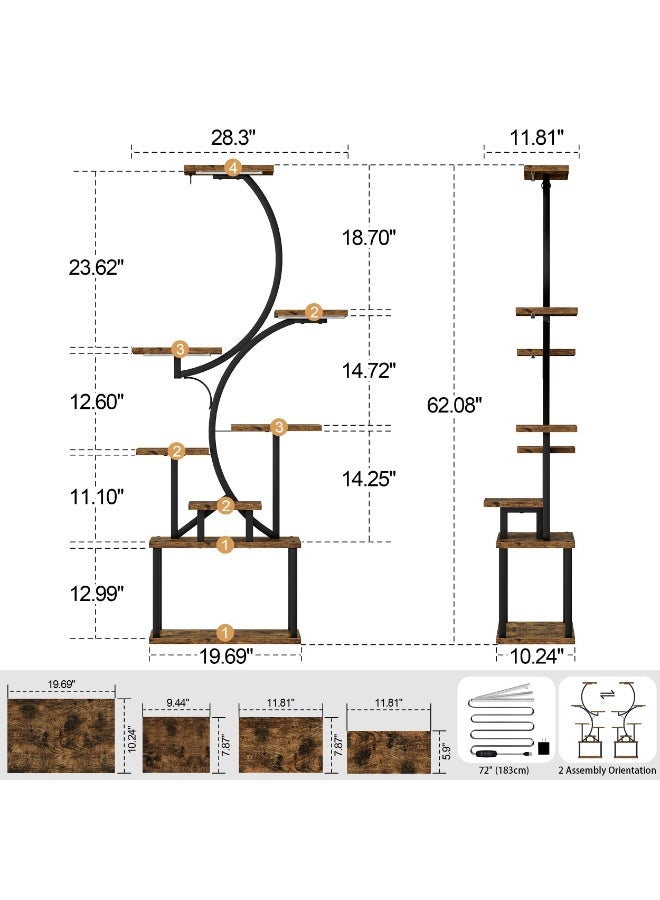 Indoor Plant Stand with Grow Light, 157 CM Tall Plant Stand, Corner Plant Shelf, Tiered Plant Shelf, S-Shaped for Bedroom Living Room (Brown, ZWJ002) - Image 3
