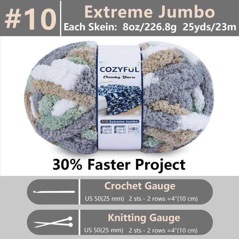 Cozyful خيوط صوفية مريحة للتريكو اليدوي - خيوط بطانية شنيلي سميكة #10، خيوط سميكة كبيرة للتCrocheting، خيوط صوفية سميكة بتقنية التلوين، 8 كرات (25 ياردة 8 أونصات لكل كرة)، كريمي و مريمي و رمادي و كاكي - Image 2