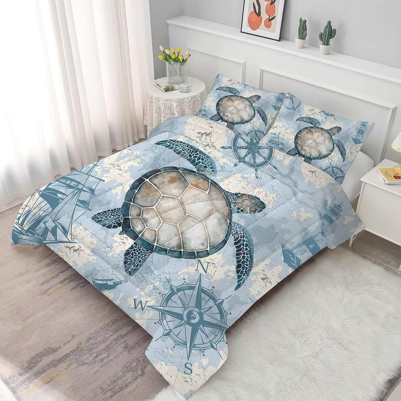 FUYEUN Turtle Comforter Set Girls Coastal Bedding Twin for Boys Bedroom Sea Nautical Themed Quilt 1 Comforter 1 Pillowcase - Image 2