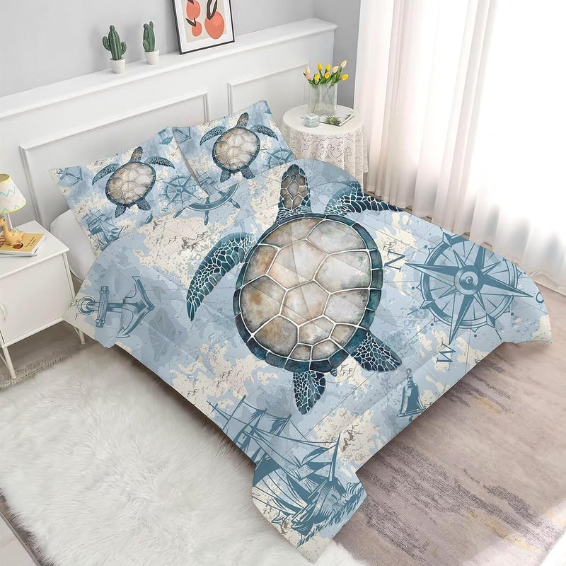 FUYEUN Turtle Comforter Set Girls Coastal Bedding Twin for Boys Bedroom Sea Nautical Themed Quilt 1 Comforter 1 Pillowcase - Image 3