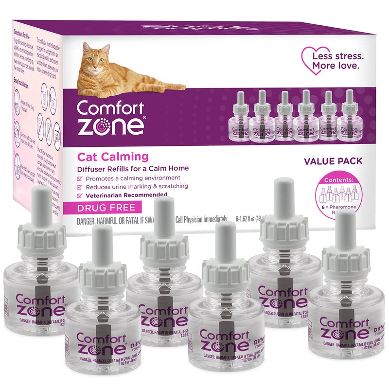 COMFORT ZONE 6 Pack Cat Calming Diffuser Refills; 30-day Refills; Pheromones Help Cat Anxiety - Image 1