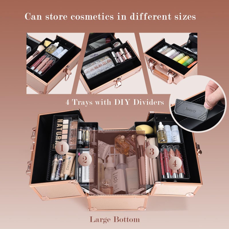 FRENESSA Makeup Train Case Makeup Case Travel Cosmetic Box Organizer Portable Make Up Box with Dividers Lockable for Artist Nail Sewing Vanity Storage Makeup Travel Case Rose Gold - Image 3