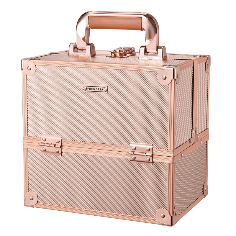 FRENESSA Makeup Train Case Makeup Case Travel Cosmetic Box Organizer Portable Make Up Box with Dividers Lockable for Artist Nail Sewing Vanity Storage Makeup Travel Case Rose Gold - Image 1
