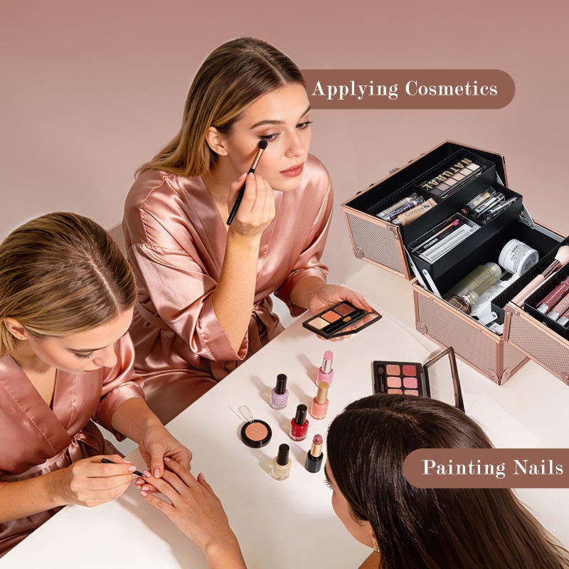 FRENESSA Makeup Train Case Makeup Case Travel Cosmetic Box Organizer Portable Make Up Box with Dividers Lockable for Artist Nail Sewing Vanity Storage Makeup Travel Case Rose Gold - Image 2