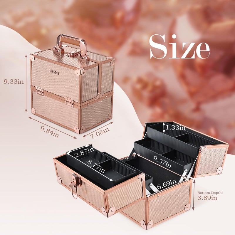 FRENESSA Makeup Train Case Makeup Case Travel Cosmetic Box Organizer Portable Make Up Box with Dividers Lockable for Artist Nail Sewing Vanity Storage Makeup Travel Case Rose Gold - Image 5