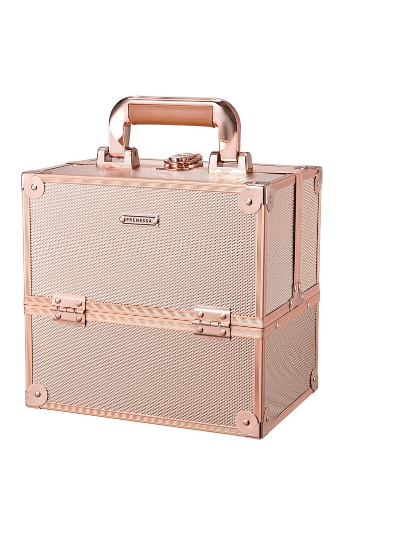 FRENESSA - FRENESSA Makeup Train Case 10 Inch Travel Beauty Cosmetic Box Professional 4-trays Jewelry Storage Organizer with Lockable Portable for Women and Girls - Rose Gold - Image 1