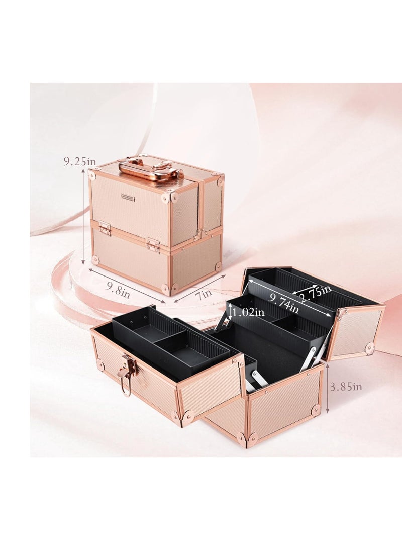 FRENESSA - FRENESSA Makeup Train Case 10 Inch Travel Beauty Cosmetic Box Professional 4-trays Jewelry Storage Organizer with Lockable Portable for Women and Girls - Rose Gold - Image 1