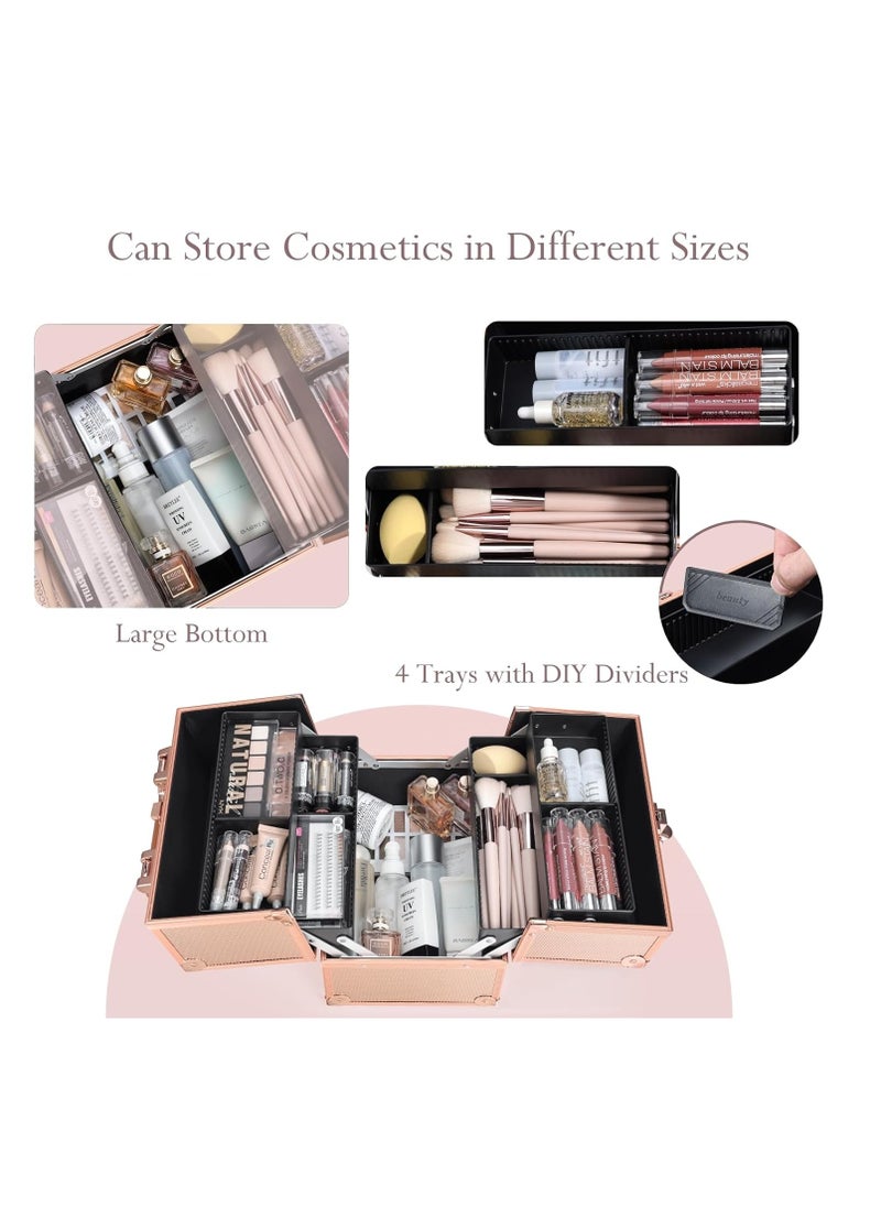 FRENESSA - FRENESSA Makeup Train Case 10 Inch Travel Beauty Cosmetic Box Professional 4-trays Jewelry Storage Organizer with Lockable Portable for Women and Girls - Rose Gold - Image 1