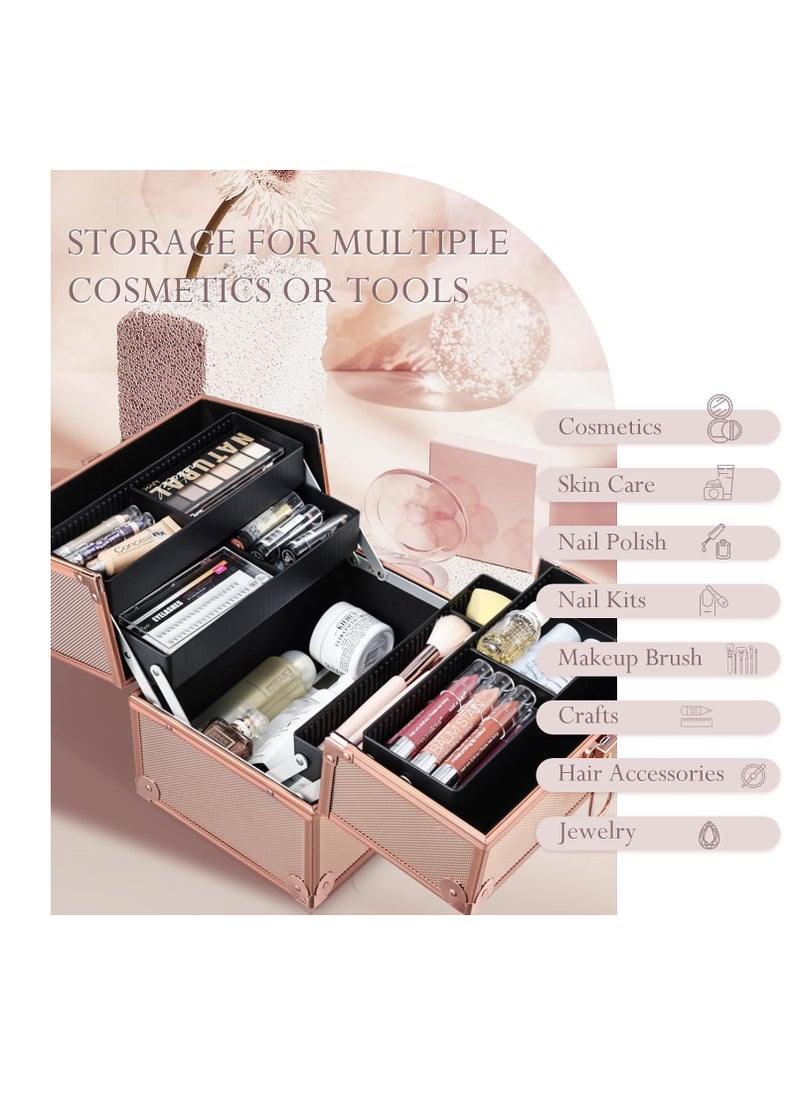 FRENESSA - FRENESSA Makeup Train Case 10 Inch Travel Beauty Cosmetic Box Professional 4-trays Jewelry Storage Organizer with Lockable Portable for Women and Girls - Rose Gold - Image 1