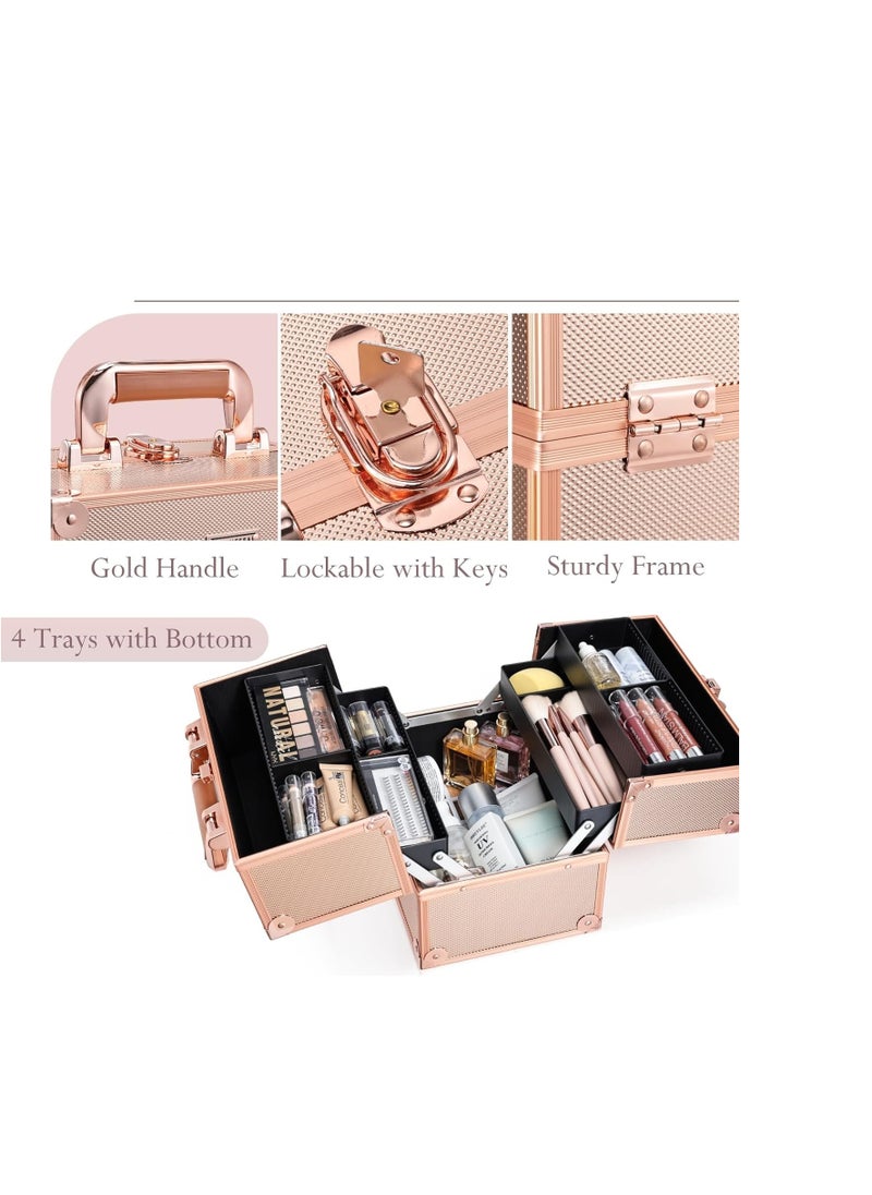 FRENESSA - FRENESSA Makeup Train Case 10 Inch Travel Beauty Cosmetic Box Professional 4-trays Jewelry Storage Organizer with Lockable Portable for Women and Girls - Rose Gold - Image 1
