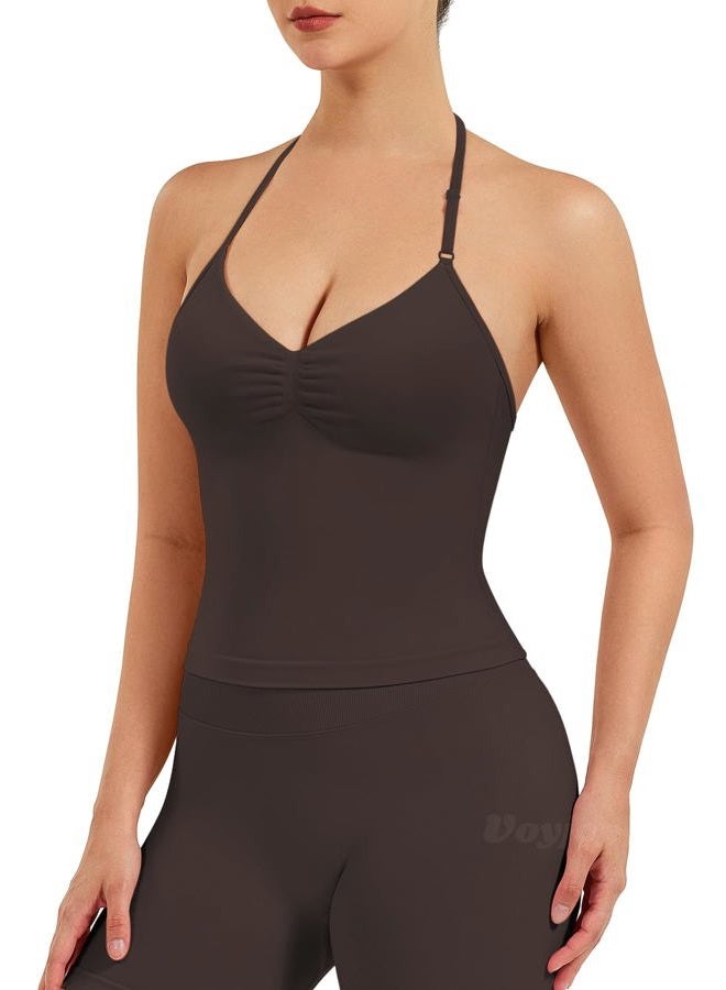 VOYJOY Impact Longline Strappy Top Workout Tank Tops for Women Impact Gym Sports Bra Camis, Dark Chocolate, S - Image 4