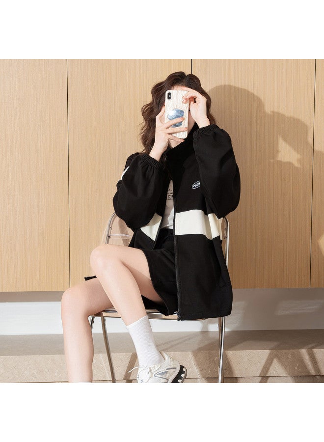 TonLion Women's Patchwork Long Sleeve Color-blocking Round Neck Top With Shorts Set, Versatile Trendy Korean Style Shirt, Fall 2025 Collection - Image 5