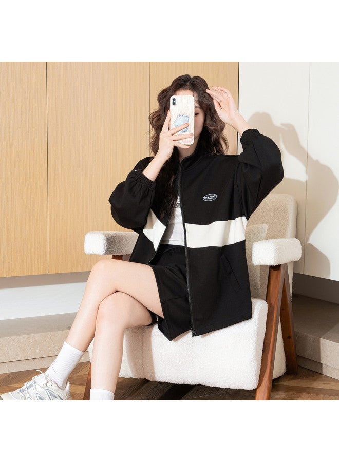 TonLion Women's Patchwork Long Sleeve Color-blocking Round Neck Top With Shorts Set, Versatile Trendy Korean Style Shirt, Fall 2025 Collection - Image 4