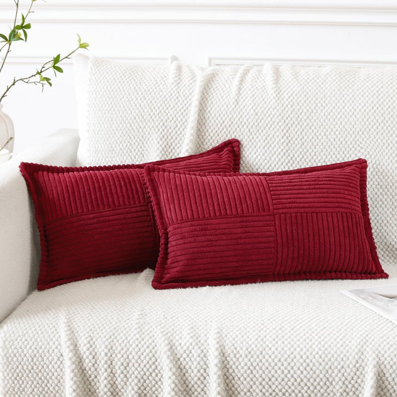 Artscope Corduroy Cushion Covers Pack of 2 Modern Patchwork Throw Pillow Covers Soft Pillowcase Broadside Decorative Textured Cushions for Home decor Sofa Bedroom Couch Wine Red 30x50cm