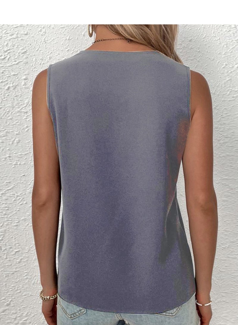 Shougu New Sleeveless V-neck Patchwork Minimalist Shirt For Women - Image 2