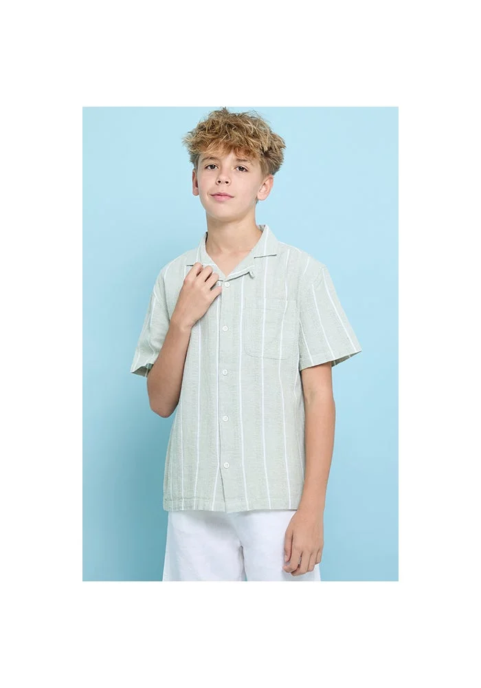 أر أند بي Striped Shirt with Revere Collar and Short Sleeves