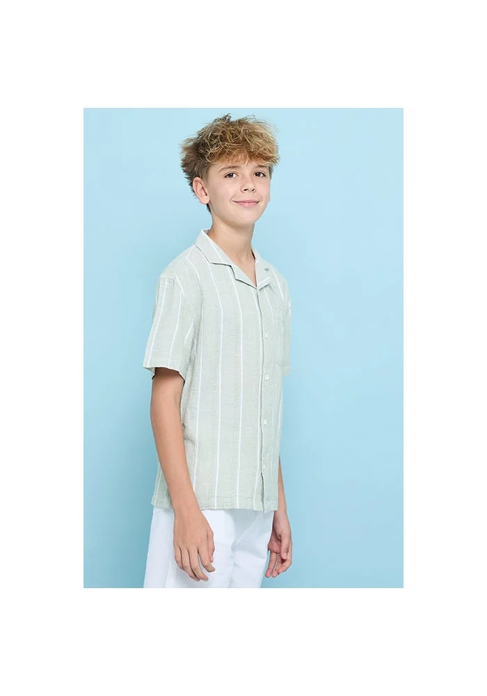 أر أند بي Striped Shirt with Revere Collar and Short Sleeves