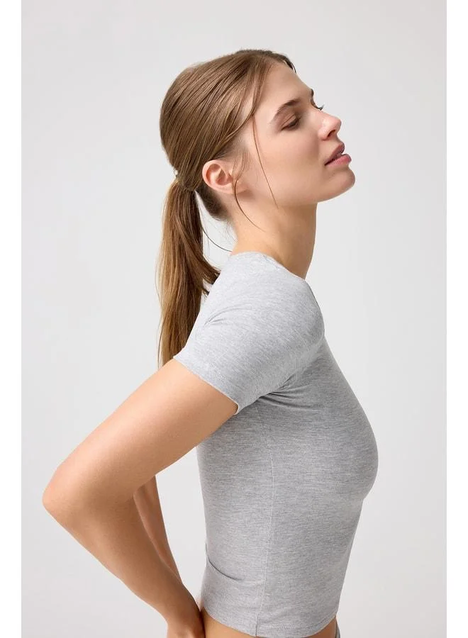 Los Ojos x Melody Grey Melange Padded Body-Fitting Short T-Shirt.