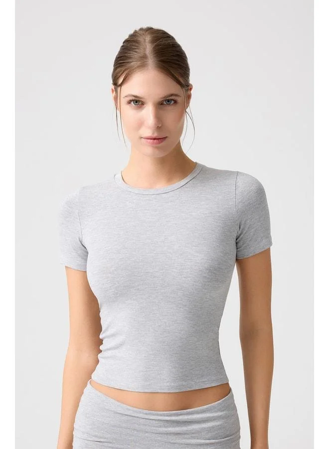 Los Ojos x Melody Grey Melange Padded Body-Fitting Short T-Shirt.