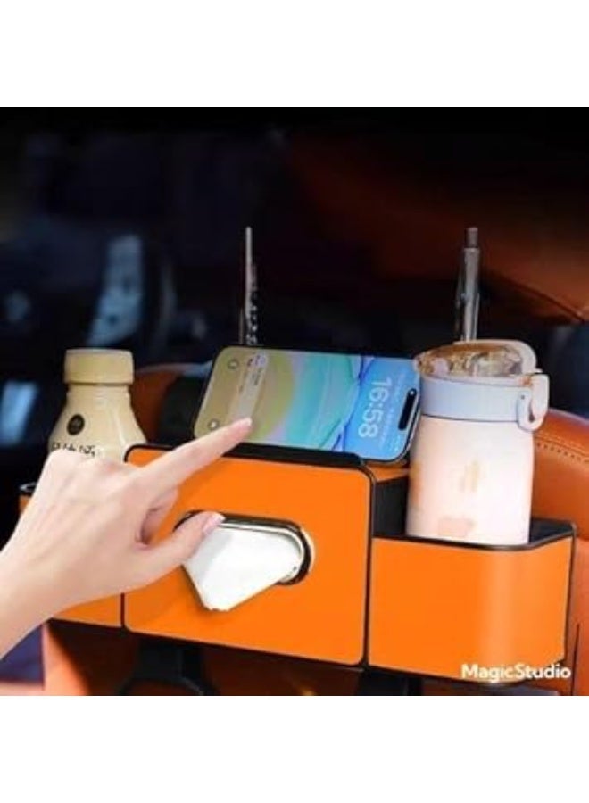 Car Back Seat Organizer, Cup Holder, Tissue Holder, Phone Holder, Multi Pockets, Orange - Image 1