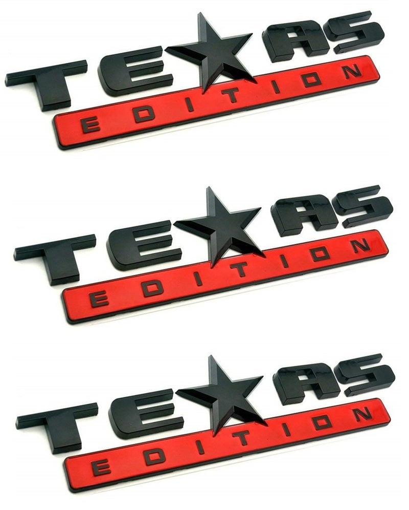 Muzzys Set of Three Texas Edition Black and RED 3M Stick On Emblem Badge FITS GMC Sierra Chevy Silverado Suburban Tahoe Ford F150 Dodge Ram Nissan Titan Truck