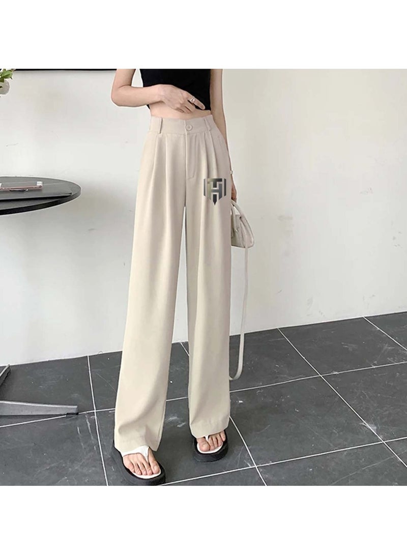 Huitich Women's Ice Silk Wide-Leg Pants High Waist, Loose Fit, Apricot Size M - Image 4