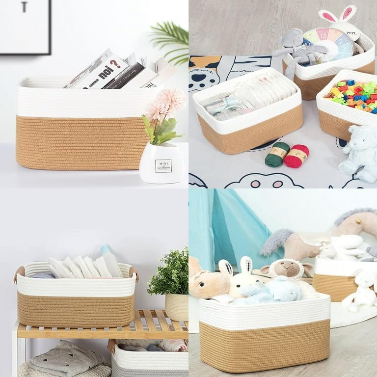 ROYAL TREND Rectangle Jute Rope Woven Basket with Handles for Books, Magazines, Toys - Decorative Rectangle Basket for Baby Nursery, Living Room, Bathroom (brown white)15" x 9.8" x 7".inches - Image 2