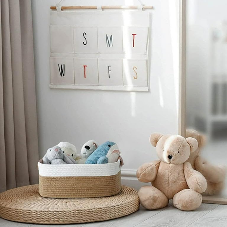 ROYAL TREND Rectangle Jute Rope Woven Basket with Handles for Books, Magazines, Toys - Decorative Rectangle Basket for Baby Nursery, Living Room, Bathroom (brown white)15" x 9.8" x 7".inches - Image 3