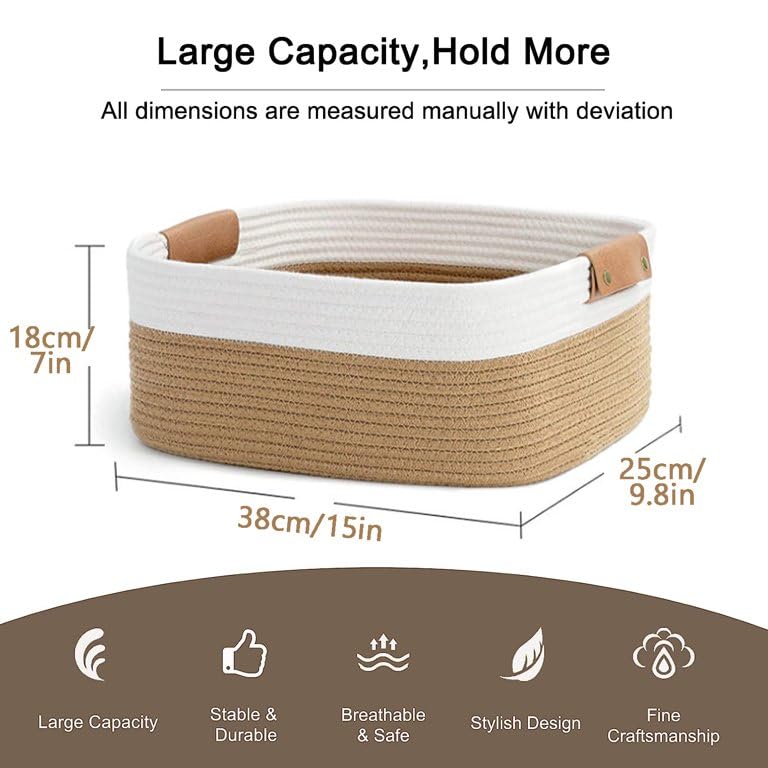 ROYAL TREND Rectangle Jute Rope Woven Basket with Handles for Books, Magazines, Toys - Decorative Rectangle Basket for Baby Nursery, Living Room, Bathroom (brown white)15" x 9.8" x 7".inches - Image 4