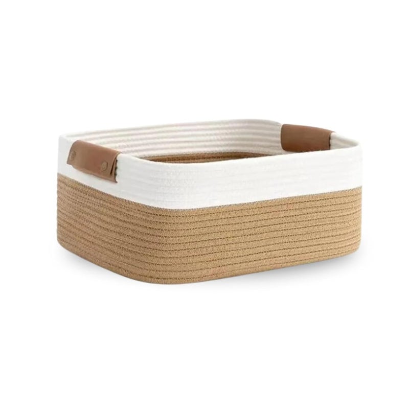 ROYAL TREND Rectangle Jute Rope Woven Basket with Handles for Books, Magazines, Toys - Decorative Rectangle Basket for Baby Nursery, Living Room, Bathroom (brown white)15" x 9.8" x 7".inches - Image 1