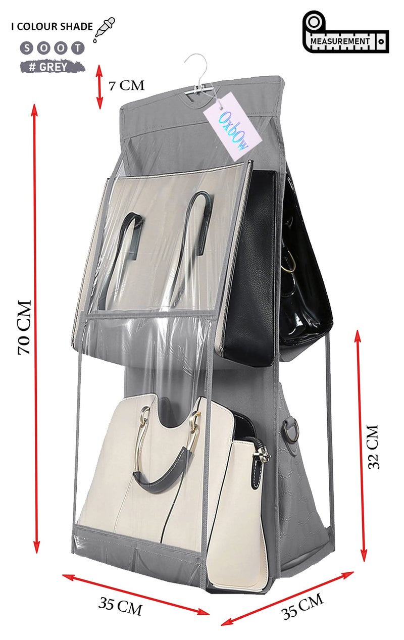 OxbOw 4 Pocket Foldable Hanging Purse Handbag Organizer for Storage Ladies Women Large Clear Hand Bag Storage Organizer, Non-Woven (4 POCKET, 75X 35X 35 Cm), Grey - Image 2
