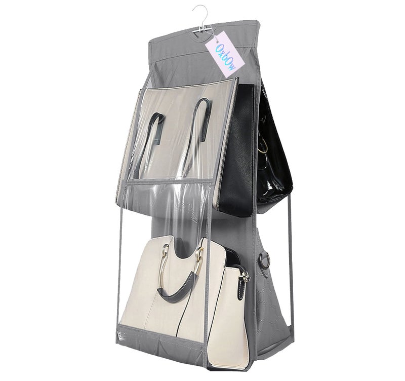 OxbOw 4 Pocket Foldable Hanging Purse Handbag Organizer for Storage Ladies Women Large Clear Hand Bag Storage Organizer, Non-Woven (4 POCKET, 75X 35X 35 Cm), Grey - Image 1