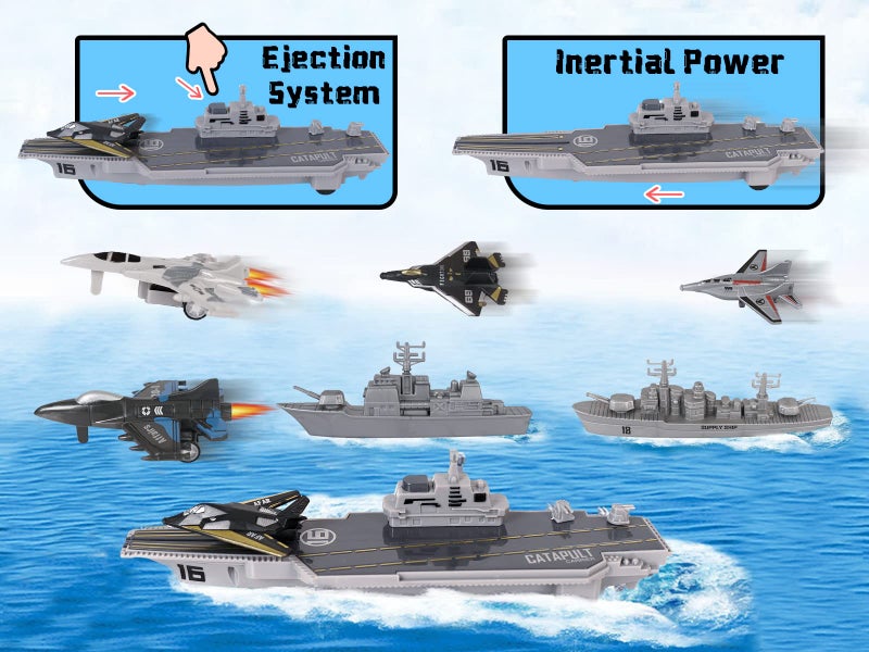 Crelloci Aircraft Carrier Military Naval Ship with Pull Back Army Fighter Jet Toy Small Scale Model Plane Submarine Kids' Play Vehicle Set for Boy Girl Children - Image 2