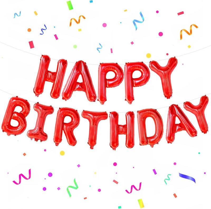 KatchOn Red Happy Birthday Balloon Banner - 16 Inch Mylar Foil Balloon For Birthday Party Decorations, Includes 13 Letter Balloons, Straw, and 32 Feet Ribbon Roll - Image 1