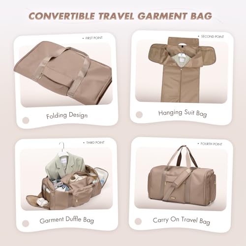 GOLF QUALITY Convertible 2-in-1 Garment Bags for Travel,Women Men Carry On Garment Duffle Bag With Shoe Compartment,Hanging Suit bag,48L,Champagne Brown - Image 3
