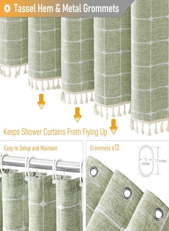 BTTN ستارة حمام طويلة جدًا من BTTN، مقاس 72 × 84 بوصة، مصنوعة من قماش الكتان بتصميم بوهيمي أنيق مع شرابات وخطافات، ستائر حمام طويلة وعصرية وأنيقة من قماش سميك وثقيل للحمام، لون أخضر زيتوني - Image 5