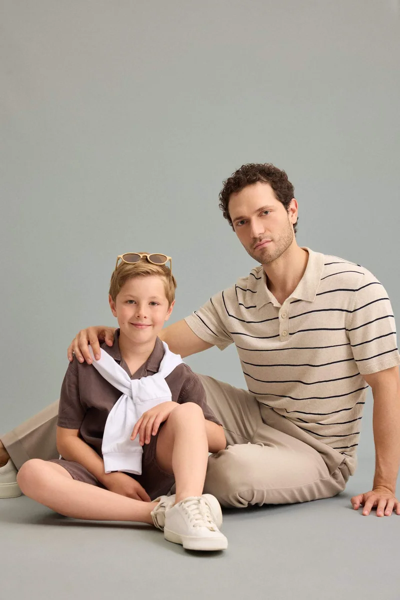 Standard Fit Linen Striped Polo T-Shirt