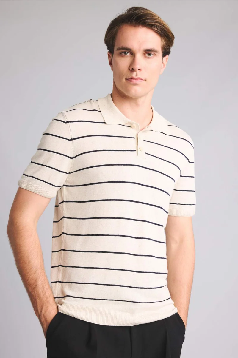 Defacto  Standard Fit Linen Striped Polo T-Shirt for Men | Best Price UAE