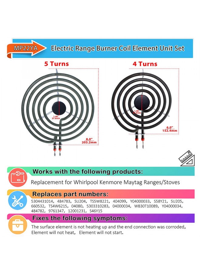 Ansoon MP22YA Electric Range Burner Coil Element Unit Set (2 pcs MP15YA 6" and 2 pcs MP21YA 8") with 4 Pack 330031 Surface Element Receptacle Kit Replacement Compatible for Whirlpool Ranges/Stoves - Image 1